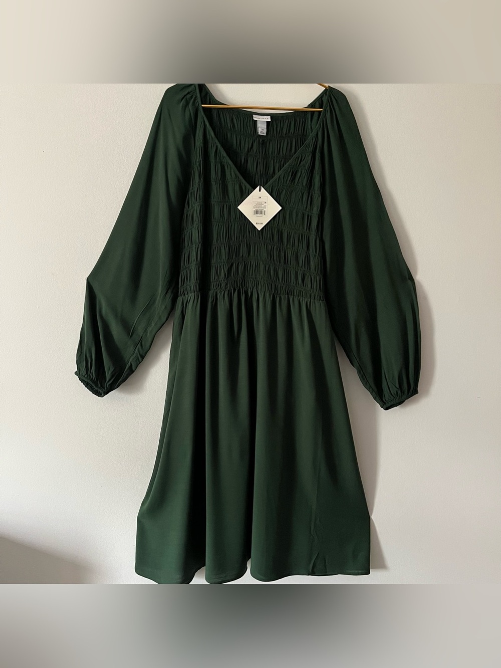 Ava & Viv NWT Dark Green Smocked Peasant Boho Prairie Maxi Dress Autumn Fall 2X